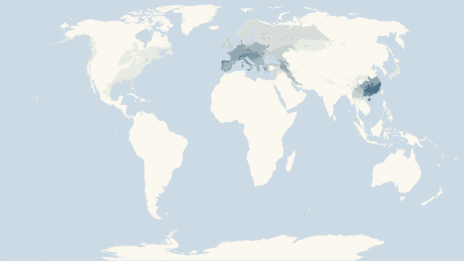 Map showing the distribution of the True salamanders and newts taxa