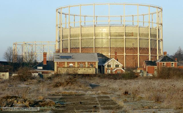 Gasometer on brownfield land, Bath, UK