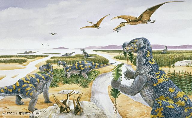 A group of grazing Muttaburrasaurus with smaller dinosaurs in the forground and pterosaurs above