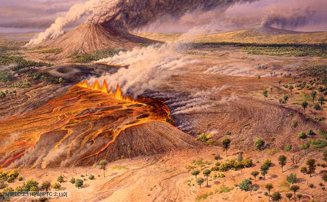 A Tertiary landscape with volcanoes and lava fields