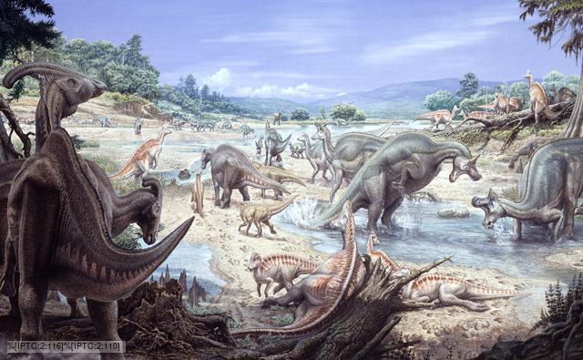 A herd of various hadrosaur dinosaurs