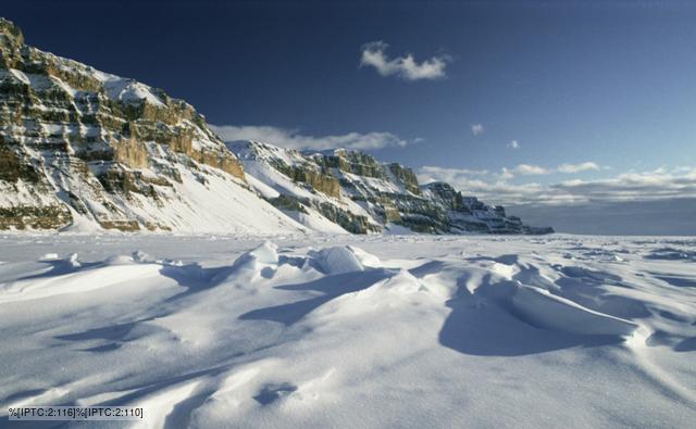 The frozen winter sea ice and cliffs of the Canadian Arctic