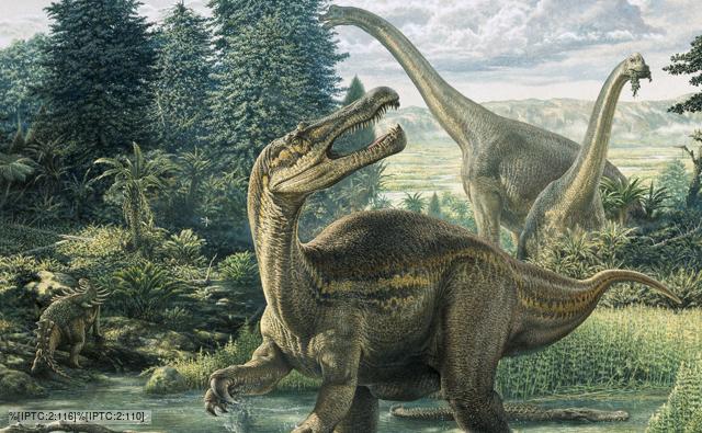 Lizard-hipped dinosaurs: Baryonyx in the forground and Brachiosaurs in the distance