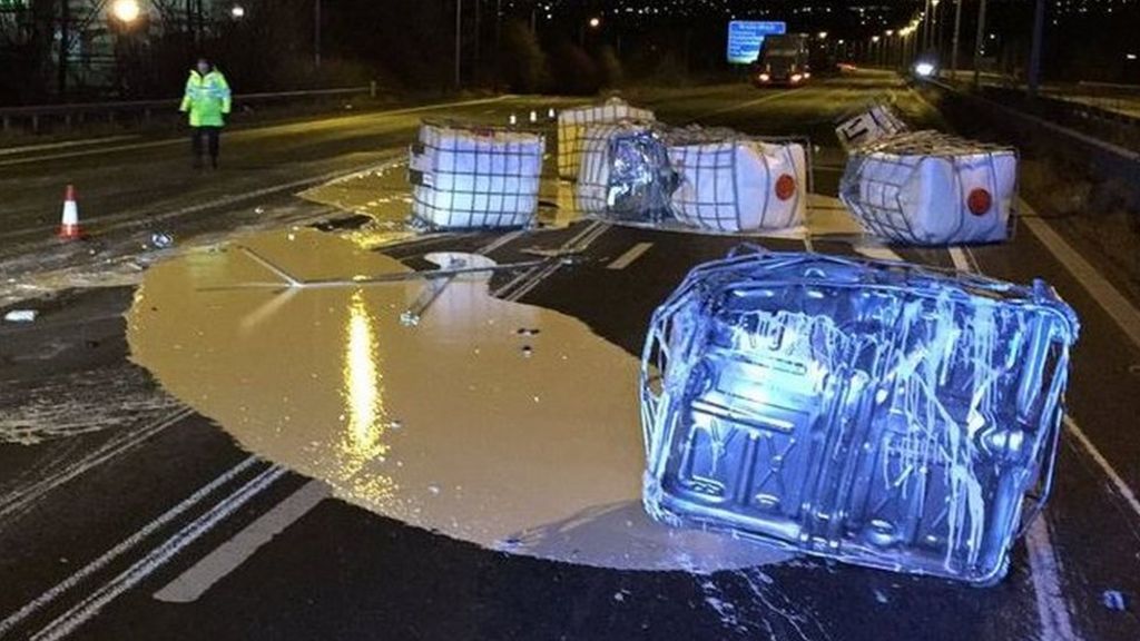 HGV crash spills 12,000 litres of paint on M606 motorway