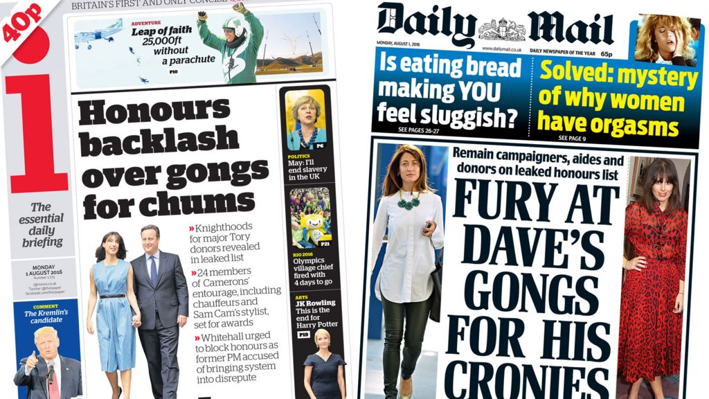 Newspaper headlines: Cameron gongs row, and female orgasms