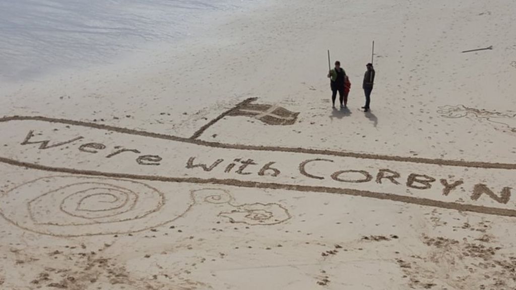 Corbyn support messages written on Cornwall's beaches