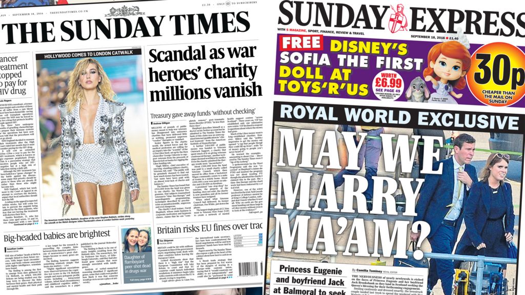 Newspaper headlines: 'Vanishing' veterans' cash and Eugenie 'engagement'