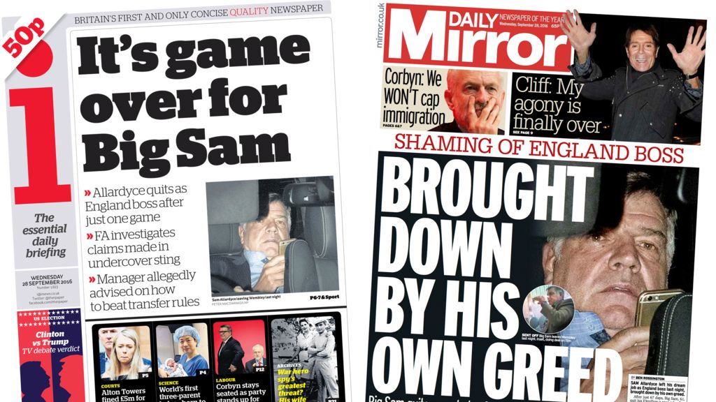 'Shamed' Sam Allardyce on every front page - newspaper review