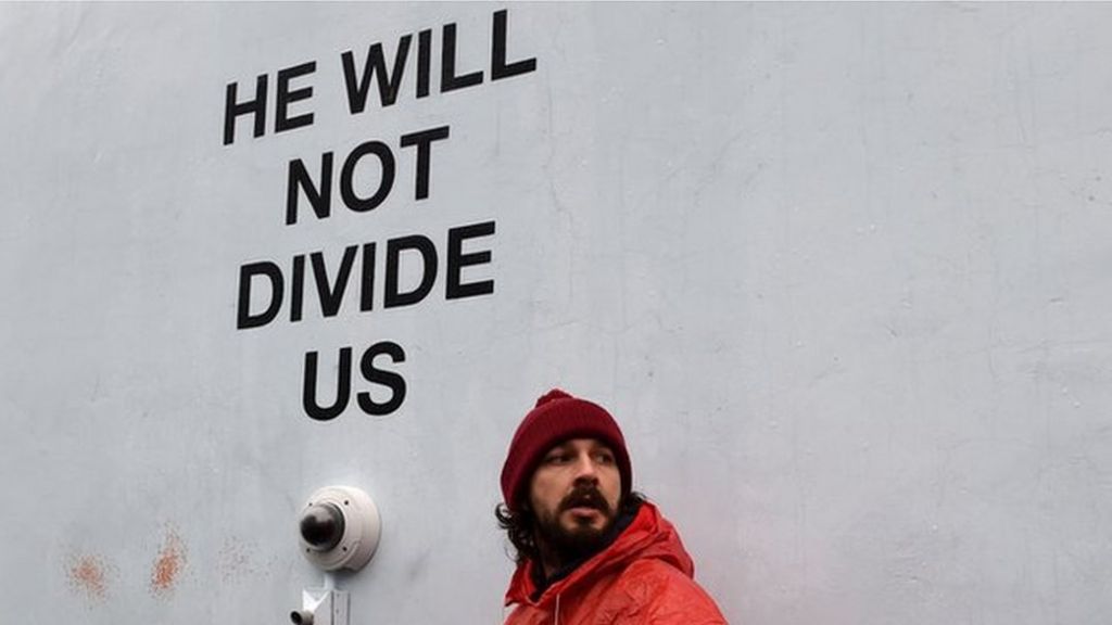Shia LaBeouf Trump protest shut down again after moving to Liverpool - BBC News