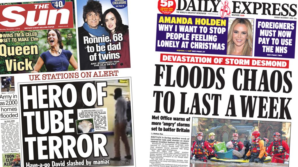 Newspaper Headlines Cumbria Flood Chaos Tube Attack Hero And 