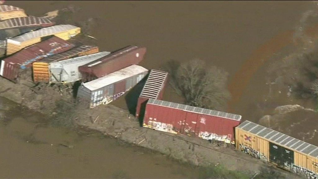 California train accident Freight cars plunge into water BBC News