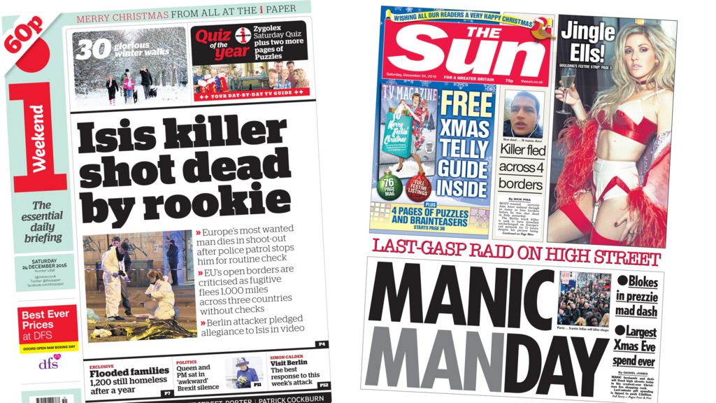 Newspaper headlines Manhunt ends and lastminute Christmas shopping