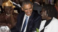 President Obama sits alongside his step-grandmother, Mama Sarah (left) and half-sister Auma Obama. 24 July 2015