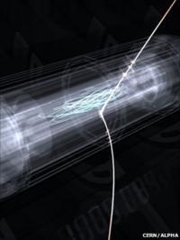 Artist's conception of an anti-hydrogen atom being released from the trap after 1,000 seconds