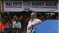 Jose Ramos-Horta smiles as he his seen with his supporters at a market in Ermera district March 12, 2012