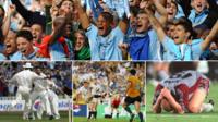 From top, clockwise: Manchester City fans celebrate Premier League win, Bayern Munich playing Manchester United in 1999 UEFA Champions League Final, Jonny Wilkinson in 2003 match that won England the Rugby World Cup, England at Edgbaston in 2005