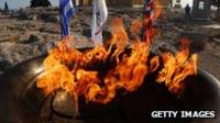 Cauldron containing Olympic flame in Greece