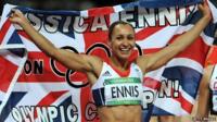 Team GB athlete Jessica Ennis celebrating her gold medal with a Union Jack