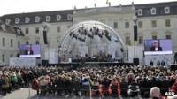 German Chancellor Angela Merkel addresses the ceremony attended by President Francois Hollande on 22 September 2012.