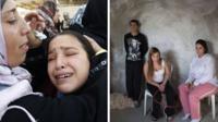 Women cry at a funeral in Beit Hanoun, Gaza, and Israelis in a bomb shelter in Ofakim - Courtesy AFP news agency.