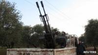 Anti-aircraft machine gun in Taftanaz near Idlib province