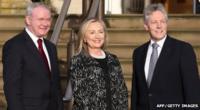 Hillary Clinton (centre) meets Northern Ireland's First Minister Peter Robinson (right) and Deputy First Minister Martin McGuinness (left)