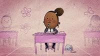A cartoon drawing of a girl sat at her school desk, confused.