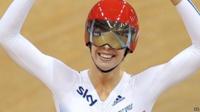 Becky James celebrates Gold in the sprint on day four of the UCI Track Cycling World Championships.