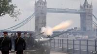 Honourable Artillery Company fire a gun salute at the Tower of London