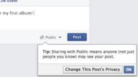 Facebook screenshot showing warning about posting publicly