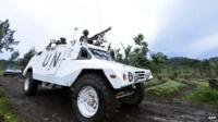 A UN mission in DR Congo (MONUSCO) armoured personnel carrier patrols in North Kivu