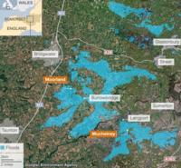 A map of Somerset showing the areas which are flooded