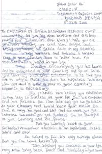 The front of Zahra's letter, advising the Syrian refugees to work hard and "be polite"