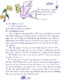 A letter from a Somali refugee to a Syrian child. Includes lines such as "In future you can rebuild your country you will get peace and no longer be a refugee" and "I am really encouraging you not to lose hope".