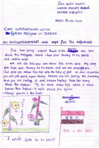 A letter from a Somali refugee to a Syrian child, including the lines: "We are feeling the same way that you are feeling", and "Try to start a new life which is much better than before"