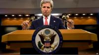 US Secretary of State John Kerry speaks to press about the situation with Ukraine and Russia - 24 April 2014