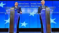European Commission President Jose Manuel Barroso, left, and European Council President Herman Van Rompuy address the media