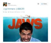 Image taken from Twitter of Suarez in film poster for Jaws