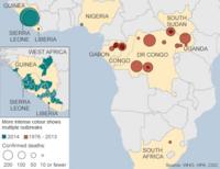 Map showing Ebola outbreaks since 1976