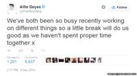 Tweet from @PointlessBlog reading: "We've both been so busy recently working on different things so a little break will do us good as we haven't spent proper time together x"