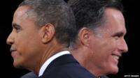 US President Barack Obama (L) greets Republican presidential candidate Mitt Romney (R) following the third and final presidential debate at Lynn University in Boca Raton, Florida,
