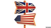 Signposts showing the US and UK flags