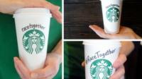 Tweet of pictures of white hands holding 'race together' Starbuck cups
