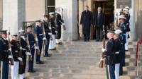 Ashton Carter and Ashraf Ghani at Pentagon ceremony, 23 March 2015