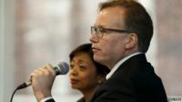 Columbia Journalism School Dean Steve Coll (R) and Dean of Academic Affairs Sheila Coronel appear at a news conference at Columbia University in New York April 6, 2015.