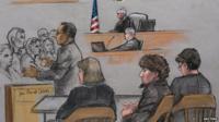 A courtroom sketch shows prosecutor Aloke Chakravarty addressing the jury as Mr Tsarnaev sits nearby