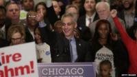 Rahm Emanuel gives the thumbs up during his victory speech after being re-elected Mayor of Chicago at his election night rally in Chicago, Illnois 7 April 2015