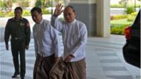 Myanmar President Thein Sein (R) waves hand as he arrives prior to a meeting in Nay Pyi Taw on 8 April 2015.