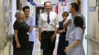 NHS England boss Simon Stevens, centre, with staff during a visit to Shotley Bridge Hospital in Consett, County Durham
