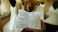 A card from Kim Sears given to a bridal shop